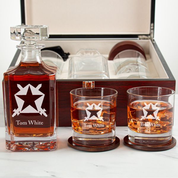 Custom Engraved Pi Kappa Phi - Personalized Whiskey Decanter Set In Cherry Wood Gift Box - Fraternity Star Shield Logo