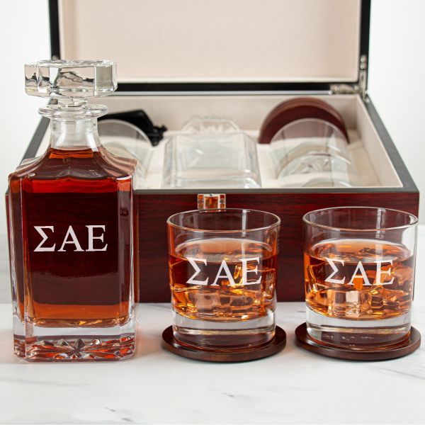 Custom Engraved Sigma Alpha Epsilon - Personalized Whiskey Decanter Set In Cherry Wood Gift Box