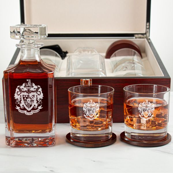 Custom Engraved Sigma Alpha Epsilon - Personalized Whiskey Decanter Set In Cherry Wood Gift Box - Coat of Arms