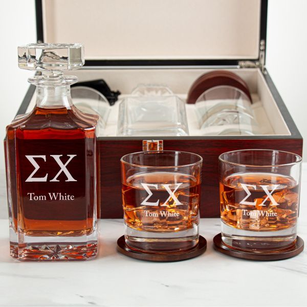 Custom Engraved Sigma Chi - Personalized Whiskey Decanter Set In Cherry Wood Gift Box