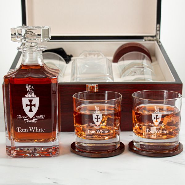 Custom Engraved Sigma Chi - Personalized Whiskey Decanter Set In Cherry Wood Gift Box - Coat of Arms