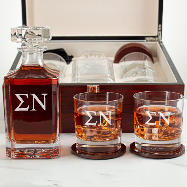 Custom Engraved Sigma Nu - Personalized Whiskey Decanter Set In Cherry Wood Gift Box