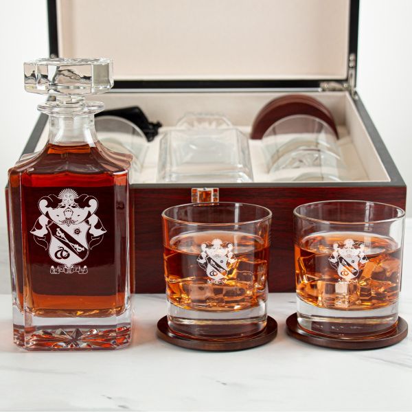 Custom Engraved Sigma Nu - Personalized Whiskey Decanter Set In Cherry Wood Gift Box - Coat of Arms