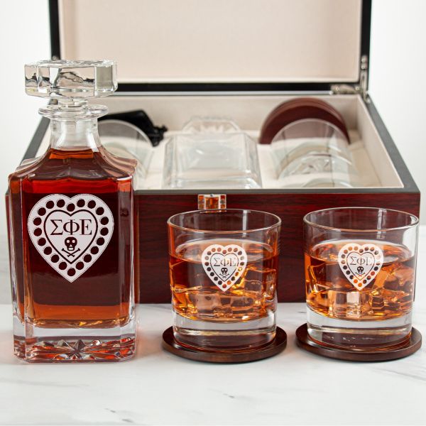 Custom Engraved Sigma Phi Epsilon - Personalized Whiskey Decanter Set In Cherry Wood Gift Box - Fraternity Founders Badge