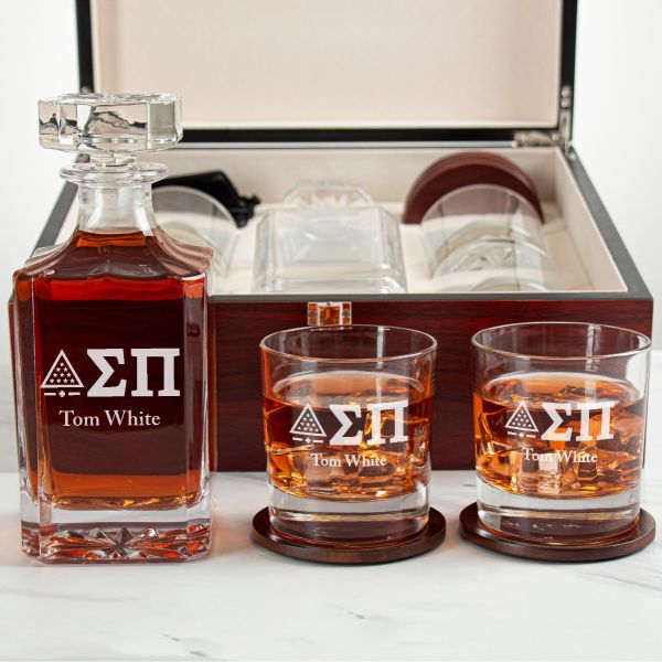 Custom Engraved Sigma Pi - Personalized Whiskey Decanter Set In Cherry Wood Gift Box - Standard Icon with Greek Letters