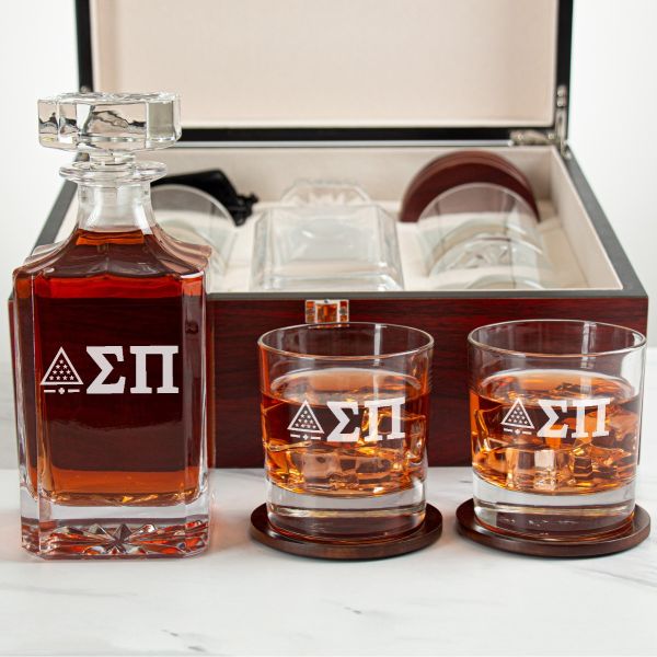 Custom Engraved Sigma Pi - Personalized Whiskey Decanter Set In Cherry Wood Gift Box - Standard Icon with Greek Letters