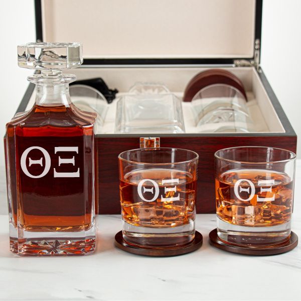 Custom Engraved Theta Xi - Personalized Whiskey Decanter Set In Cherry Wood Gift Box