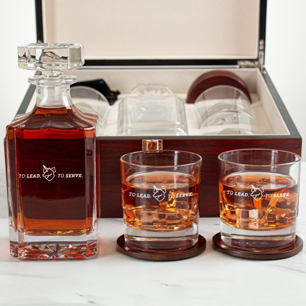 Custom Engraved Theta Xi - Personalized Whiskey Decanter Set In Cherry Wood Gift Box - Primary Fraternity Logo
