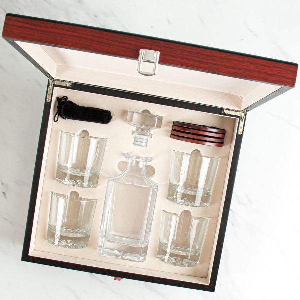 Custom Engraved Phi Gamma Delta - Personalized Whiskey Decanter Set In Cherry Wood Gift Box - Coat of Arms