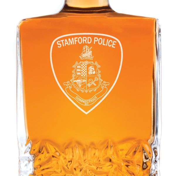 Custom Engraved Police Badges - Personalized Excalibur Decanter Set - Stamford CT Police Patch