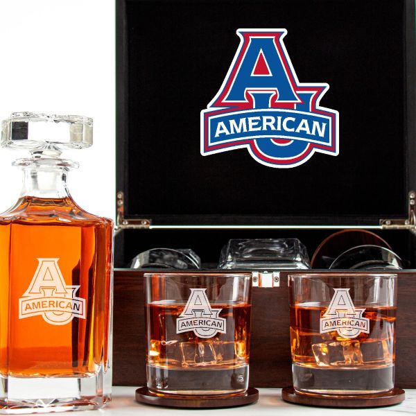 Customized Engraved Dark Brown Wood Box Decanter Set With Rocks Glasses - NCAA American University Eagles