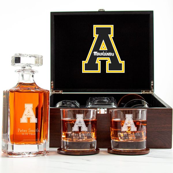 Appalachian State University Mountaineers - Customized Engraved Dark Brown Wood Box Decanter Set With Rocks Glasses