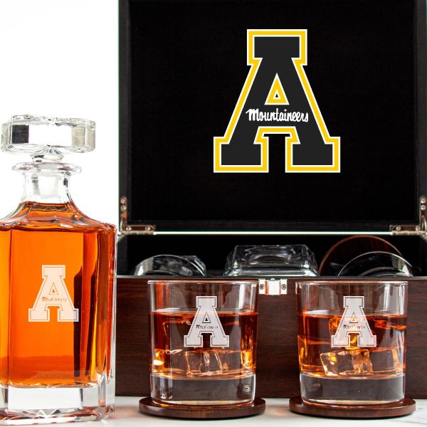 Appalachian State University Mountaineers - Customized Engraved Dark Brown Wood Box Decanter Set With Rocks Glasses