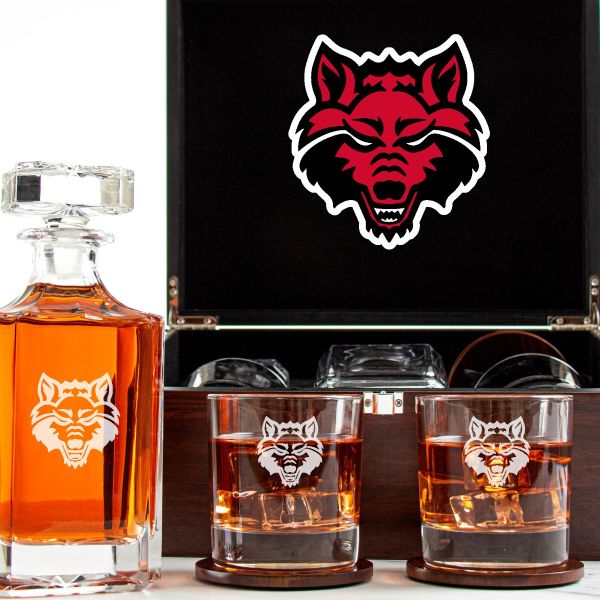 Customized Engraved Dark Brown Wood Box Decanter Set With Rocks Glasses - NCAA Arkansas State University Red Wolves