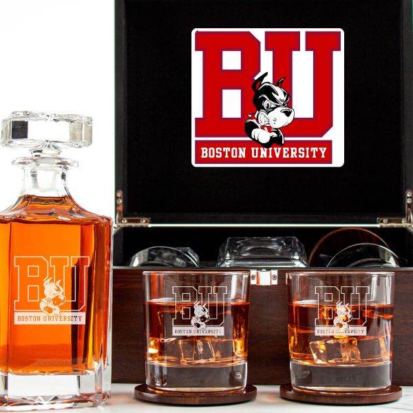 Customized Engraved Dark Brown Wood Box Decanter Set With Rocks Glasses - NCAA Boston University Terriers