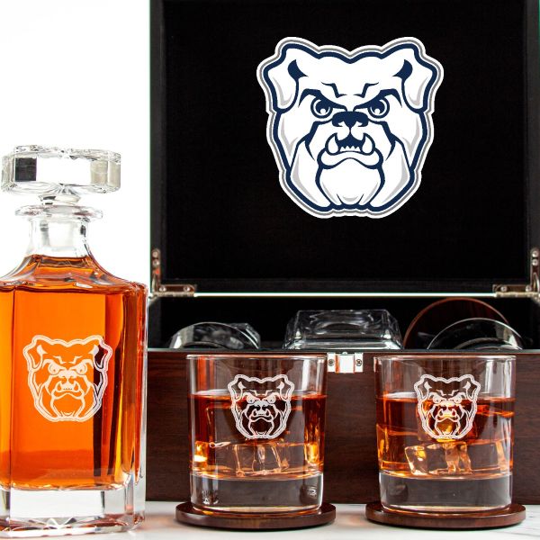 Customized Engraved Dark Brown Wood Box Decanter Set With Rocks Glasses - NCAA Butler Bulldogs