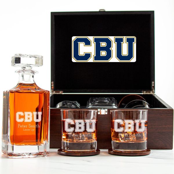 Customized Engraved Dark Brown Wood Box Decanter Set With Rocks Glasses - NCAA Cal Baptist Lancers