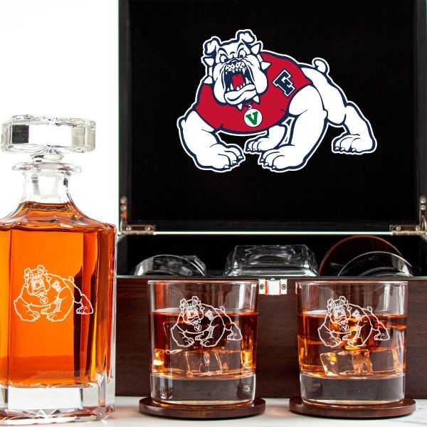 Customized Engraved Dark Brown Wood Box Decanter Set With Rocks Glasses - NCAA Fresno State Bulldogs