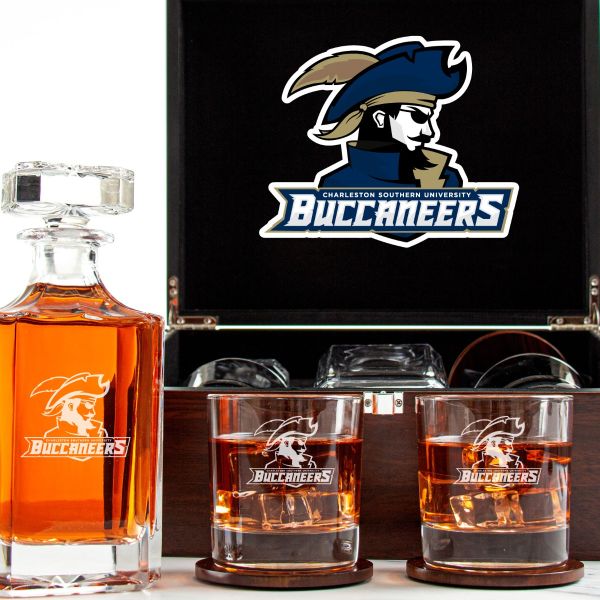 Customized Engraved Dark Brown Wood Box Decanter Set With Rocks Glasses - NCAA Charleston Southern Buccaneers