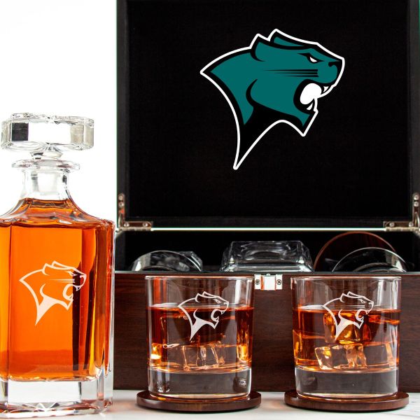 Customized Engraved Dark Brown Wood Box Decanter Set With Rocks Glasses - NCAA Chicago State Cougars