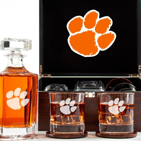 Customized Engraved Dark Brown Wood Box Decanter Set With Rocks Glasses - NCAA Clemson University Tigers