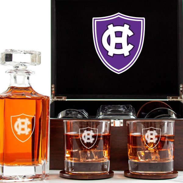 Customized Engraved Dark Brown Wood Box Decanter Set With Rocks Glasses - NCAA Holy Cross Crusaders