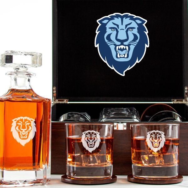Customized Engraved Dark Brown Wood Box Decanter Set With Rocks Glasses - NCAA Columbia University Lions