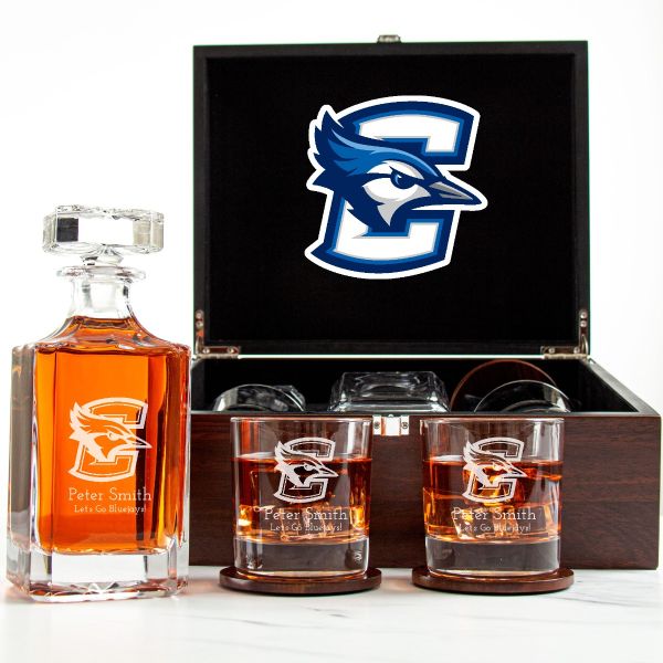 Customized Engraved Dark Brown Wood Box Decanter Set With Rocks Glasses - NCAA Creighton Bluejays