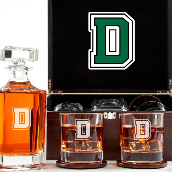 Customized Engraved Dark Brown Wood Box Decanter Set With Rocks Glasses - NCAA Dartmouth Big Green