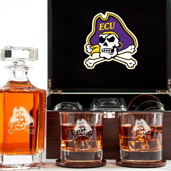 Customized Engraved Dark Brown Wood Box Decanter Set With Rocks Glasses - NCAA East Carolina Pirates