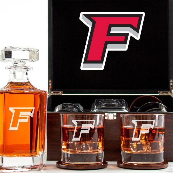 Customized Engraved Dark Brown Wood Box Decanter Set With Rocks Glasses - NCAA Fairfield Stags