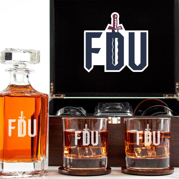 Customized Engraved Dark Brown Wood Box Decanter Set With Rocks Glasses - NCAA Fairleigh Dickinson Knights