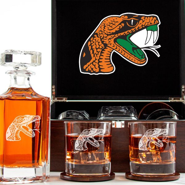 Customized Engraved Dark Brown Wood Box Decanter Set With Rocks Glasses - NCAA Florida A&M Rattlers