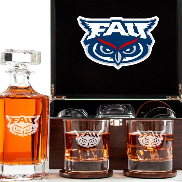 Customized Engraved Dark Brown Wood Box Decanter Set With Rocks Glasses - NCAA Florida Atlantic Owls