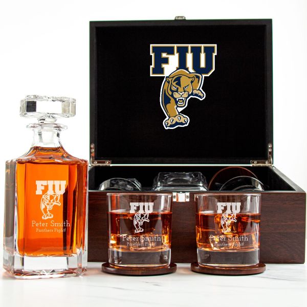 Customized Engraved Dark Brown Wood Box Decanter Set With Rocks Glasses - NCAA FIU Panthers