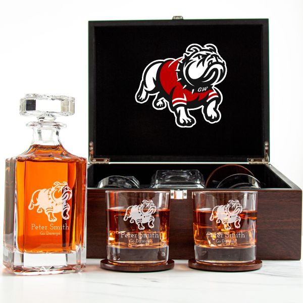 Customized Engraved Dark Brown Wood Box Decanter Set With Rocks Glasses - NCAA Gardner–Webb Runnin' Bulldogs