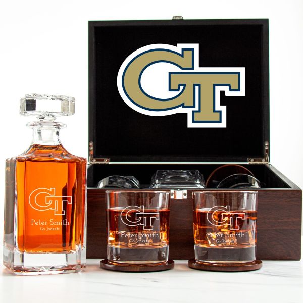 Customized Engraved Dark Brown Wood Box Decanter Set With Rocks Glasses - NCAA Georgia Tech Yellow Jackets