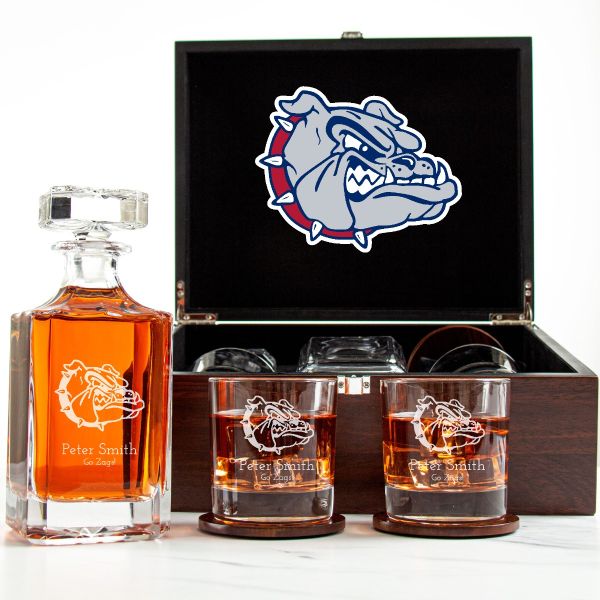 NCAA Gonzaga Bulldogs - Customized Engraved Dark Brown Wood Box Decanter Set With Rocks Glasses