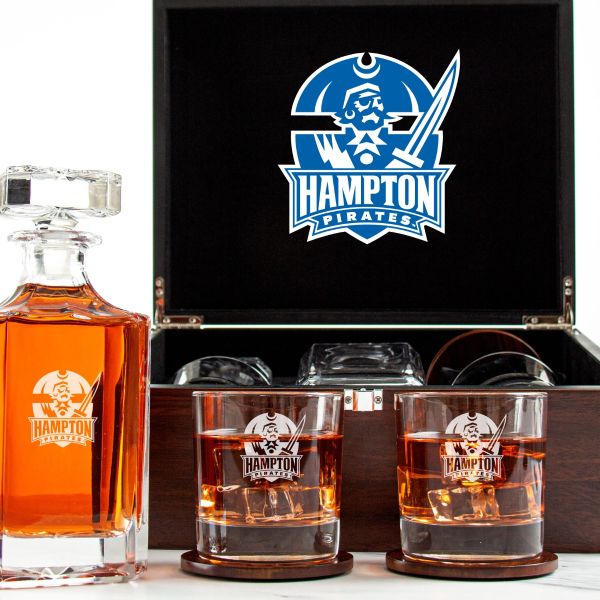 Customized Engraved Dark Brown Wood Box Decanter Set With Rocks Glasses - NCAA Hampton Pirates