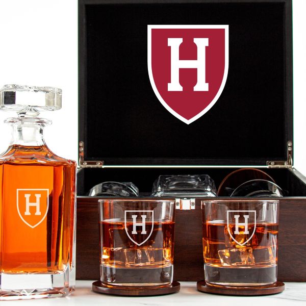 Customized Engraved Dark Brown Wood Box Decanter Set With Rocks Glasses - NCAA Harvard Crimson
