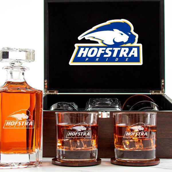 Customized Engraved Dark Brown Wood Box Decanter Set With Rocks Glasses - NCAA Hofstra Pride
