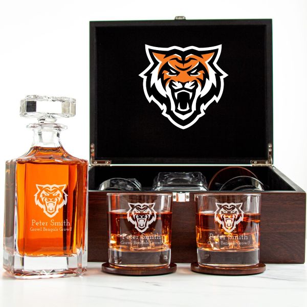 Customized Engraved Dark Brown Wood Box Decanter Set With Rocks Glasses - NCAA Idaho State Bengals
