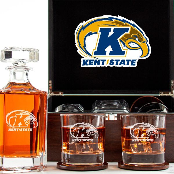 Customized Engraved Dark Brown Wood Box Decanter Set With Rocks Glasses - NCAA Kent State Golden Flashes
