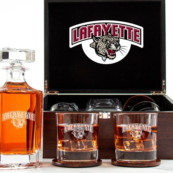 Customized Engraved Dark Brown Wood Box Decanter Set With Rocks Glasses - NCAA Lafayette Leopards