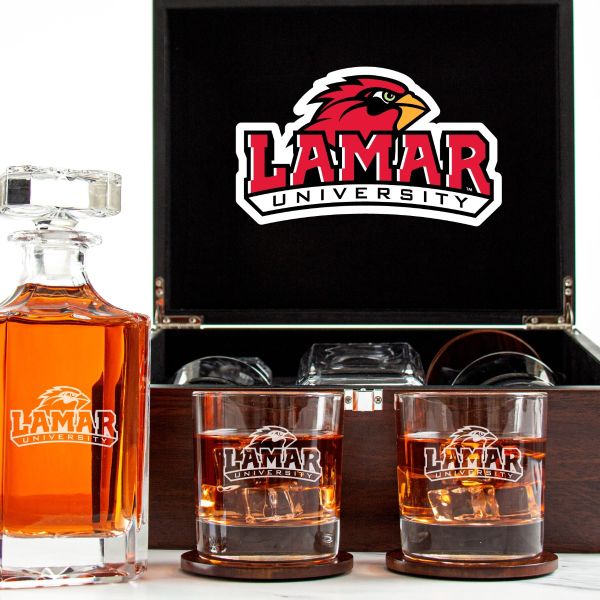 Customized Engraved Dark Brown Wood Box Decanter Set With Rocks Glasses - NCAA Lamar Cardinals