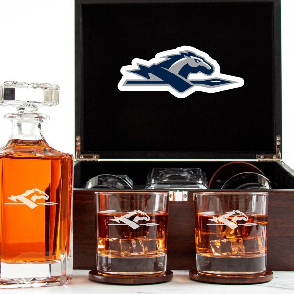 Customized Engraved Dark Brown Wood Box Decanter Set With Rocks Glasses - NCAA Longwood Lancers