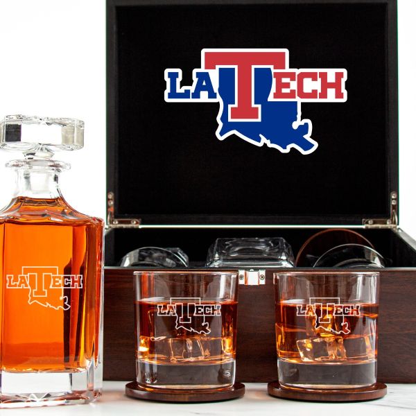 Customized Engraved Dark Brown Wood Box Decanter Set With Rocks Glasses - NCAA Louisiana Tech Bulldogs