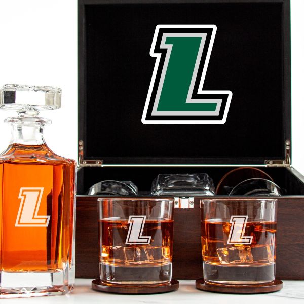 Customized Engraved Dark Brown Wood Box Decanter Set With Rocks Glasses - NCAA Loyola Greyhounds