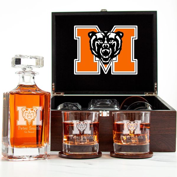 Customized Engraved Dark Brown Wood Box Decanter Set With Rocks Glasses - NCAA Mercer Bears