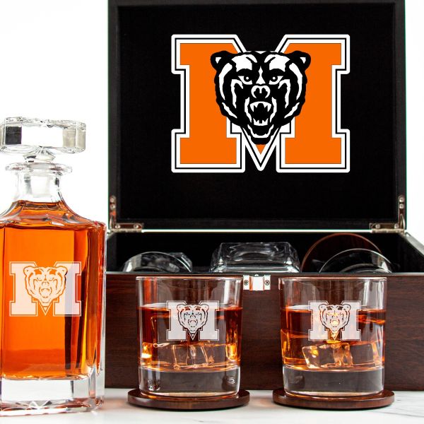 Customized Engraved Dark Brown Wood Box Decanter Set With Rocks Glasses - NCAA Mercer Bears